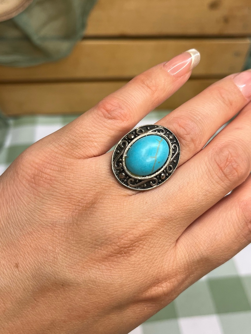 Faux Turquoise Oval Statement Ring - Blue Gemstone Fashion Ring Silver tone